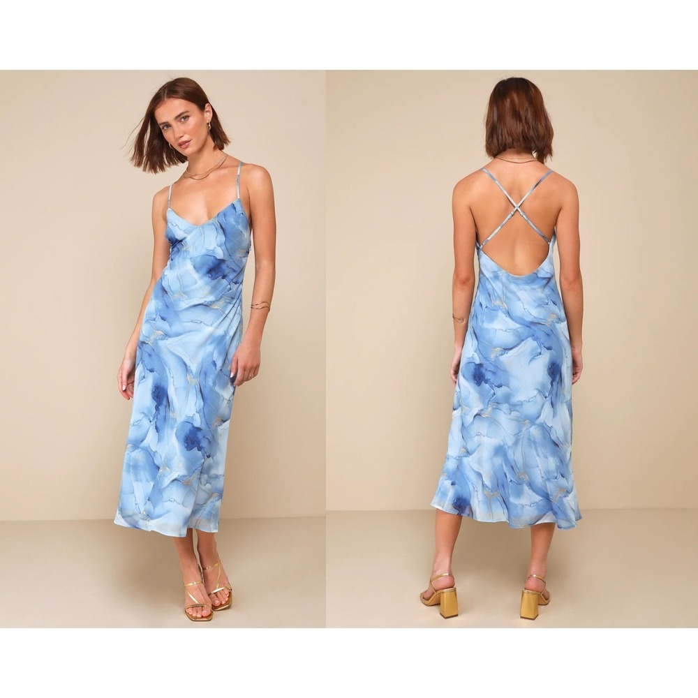 Lulus Bright Charm Blue Abstract Print Chiffon Slip Midi Dress Size Large